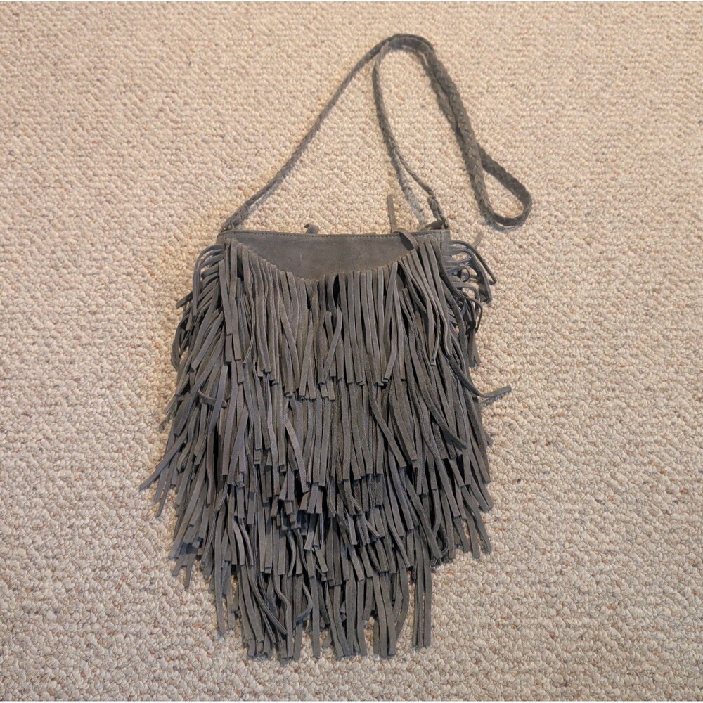 Ecote Tiered Suede Fringe Crossbody Bag Purse Gray Boho Western Festival